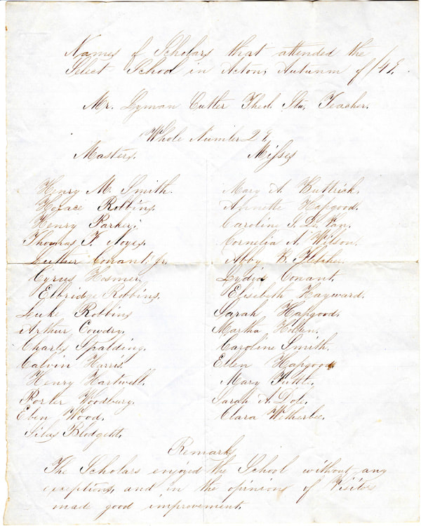 List of Student, Cutler's Select School, 1849