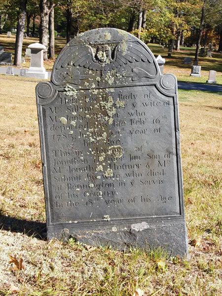 Gravestone of Submit Hosmer Barker with memorial to Jonathan Hosmer who died at Bennington