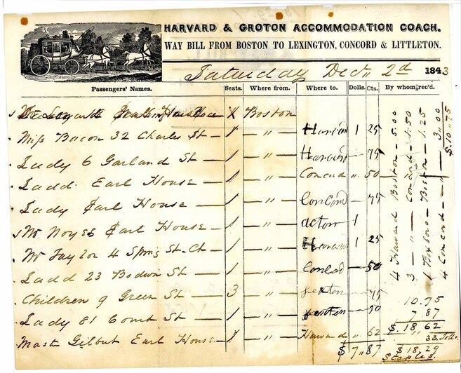 Way Bill, Stagecoach Boston to Groton 1843